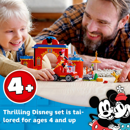 LEGO® Disney Mickey Mouse Fire Engine & Station 10776, fun building set for kids 4 and up, with minifigures and dog.