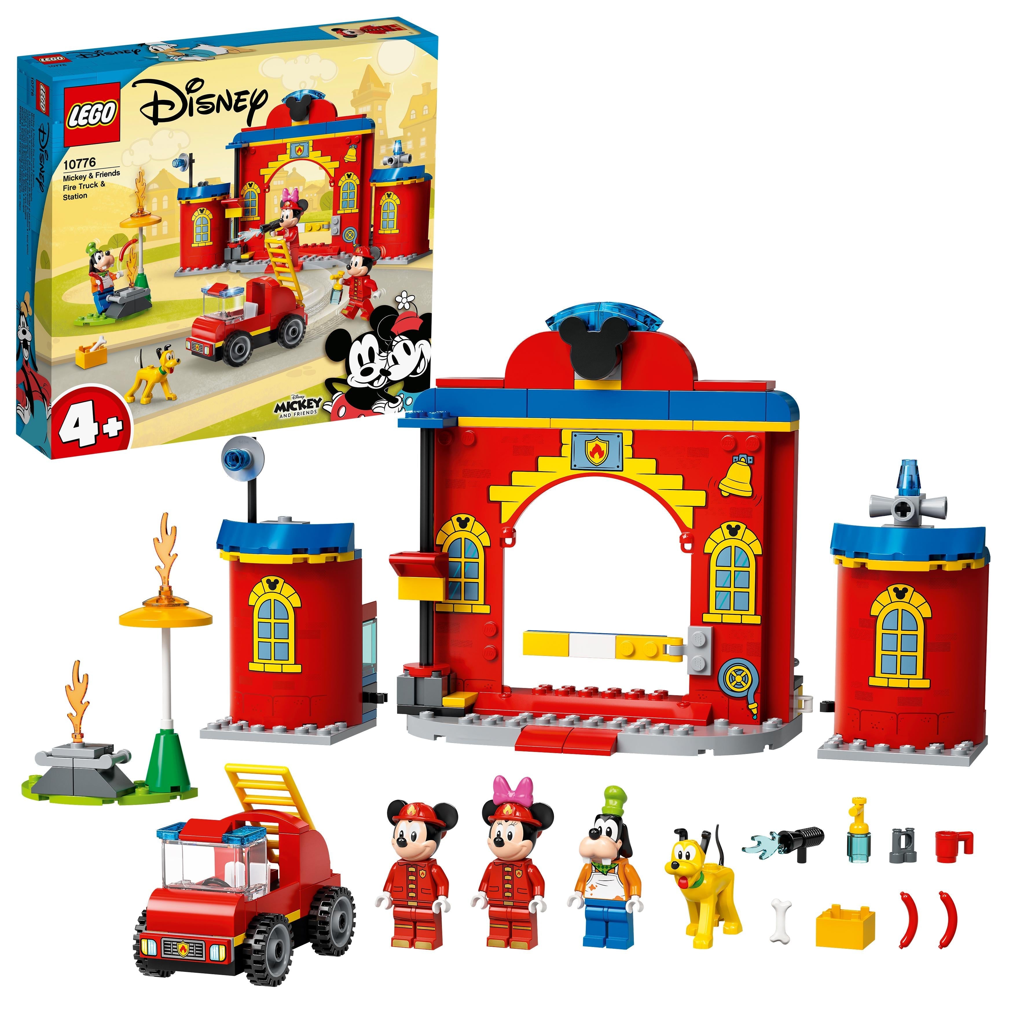 LEGO Disney Mickey Mouse Fire Engine & Station 10776 set with minifigures, a dog, and building elements for kids.