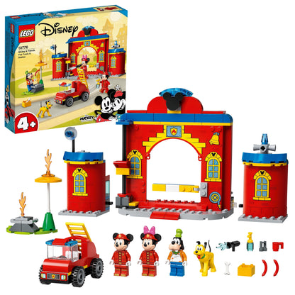 LEGO Disney Mickey Mouse Fire Engine & Station 10776 set with minifigures, a dog, and building elements for kids.