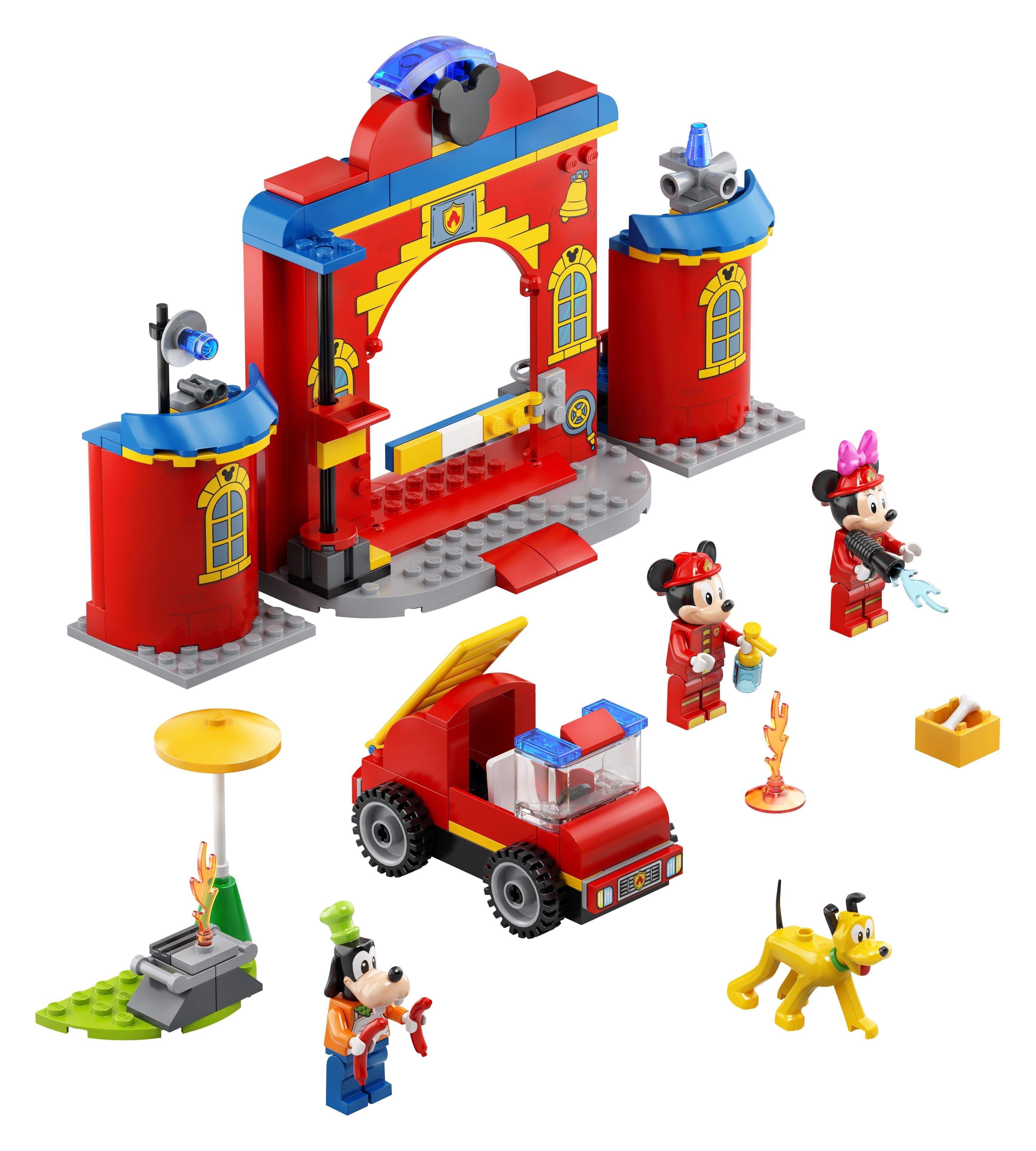 LEGO Disney Mickey Mouse Fire Engine & Station 10776 set featuring fire station, fire engine, 3 minifigures, and a dog.