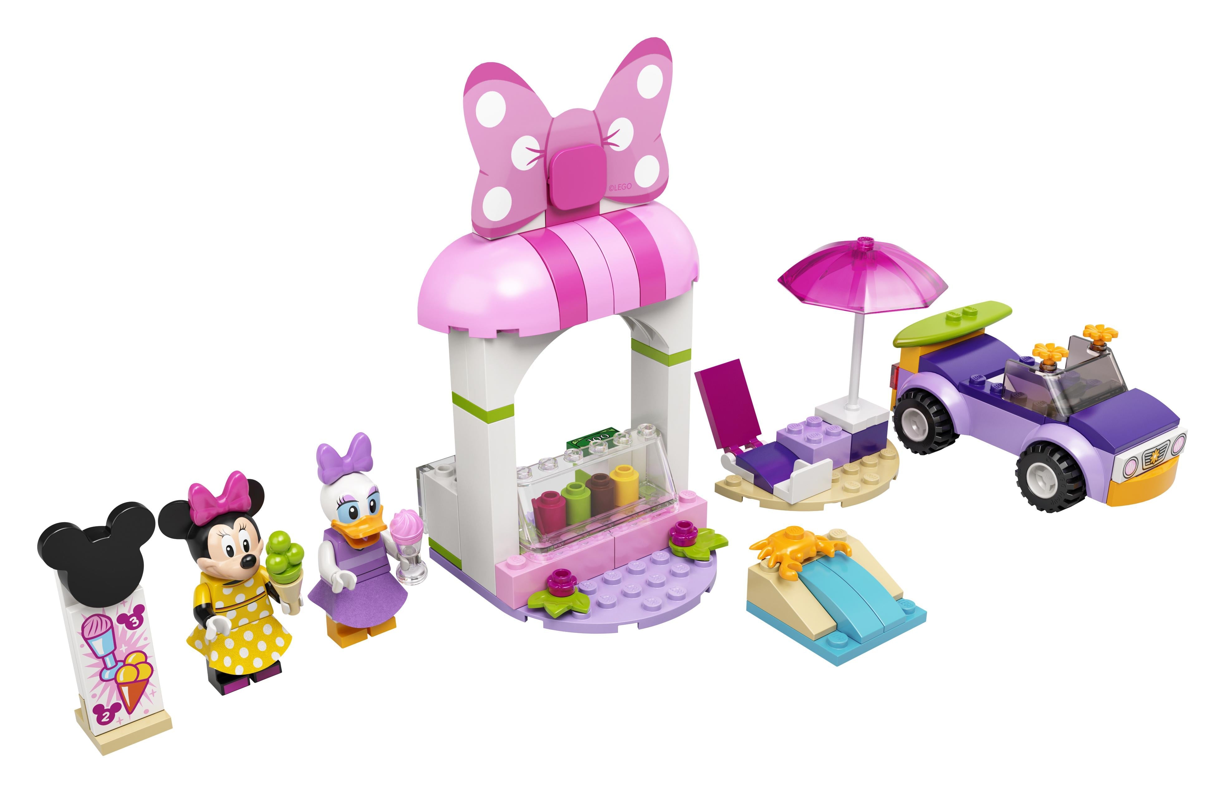 LEGO Disney Mickey Mouse Minnie Ice Cream Shop 10773 with minifigures, ice cream stand, and car toys.