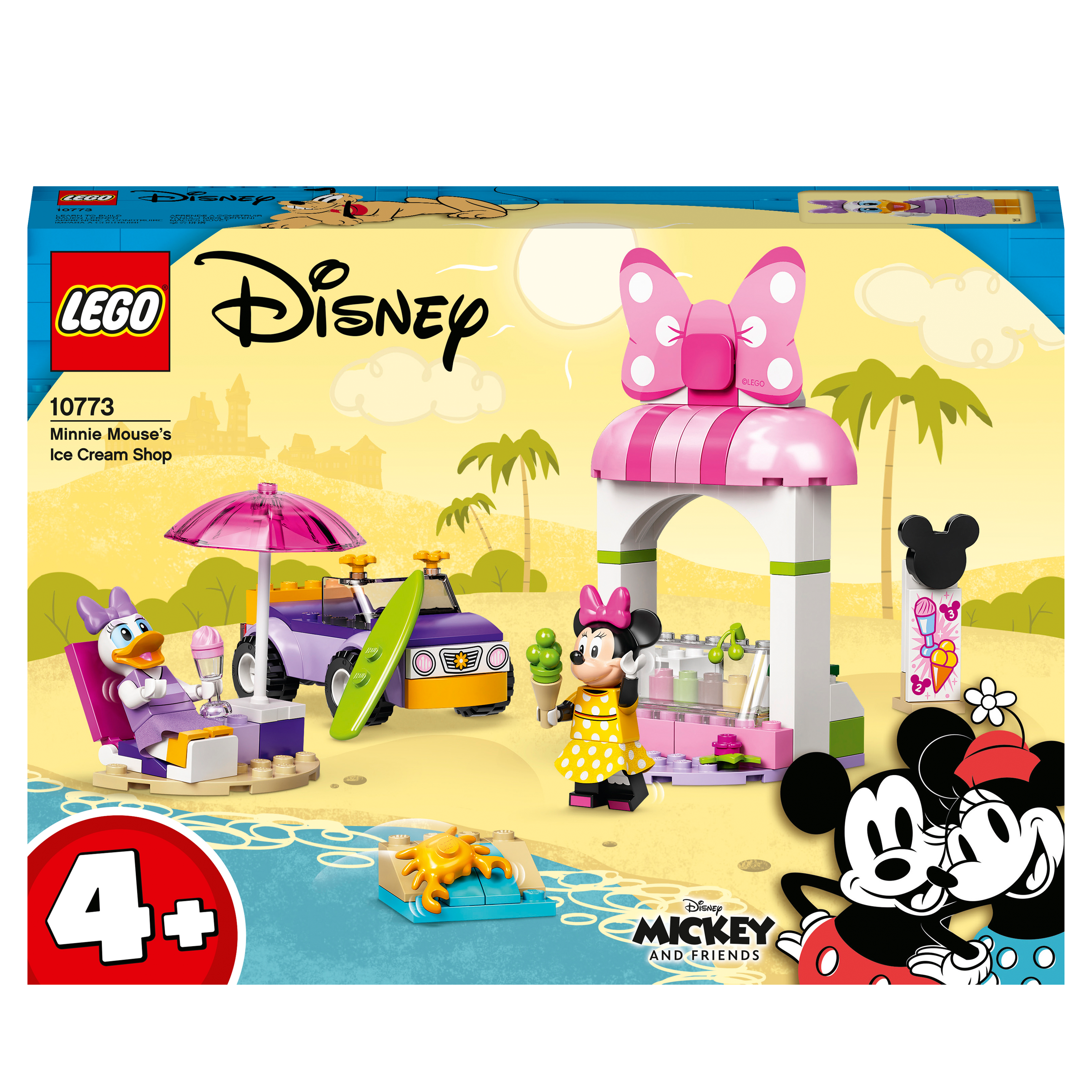LEGO Disney 10773 Minnie Mouse Ice Cream Shop set featuring building toys and minifigures for kids.