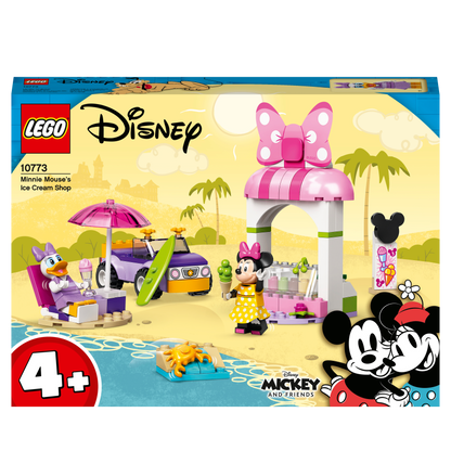 LEGO Disney 10773 Minnie Mouse Ice Cream Shop set featuring building toys and minifigures for kids.