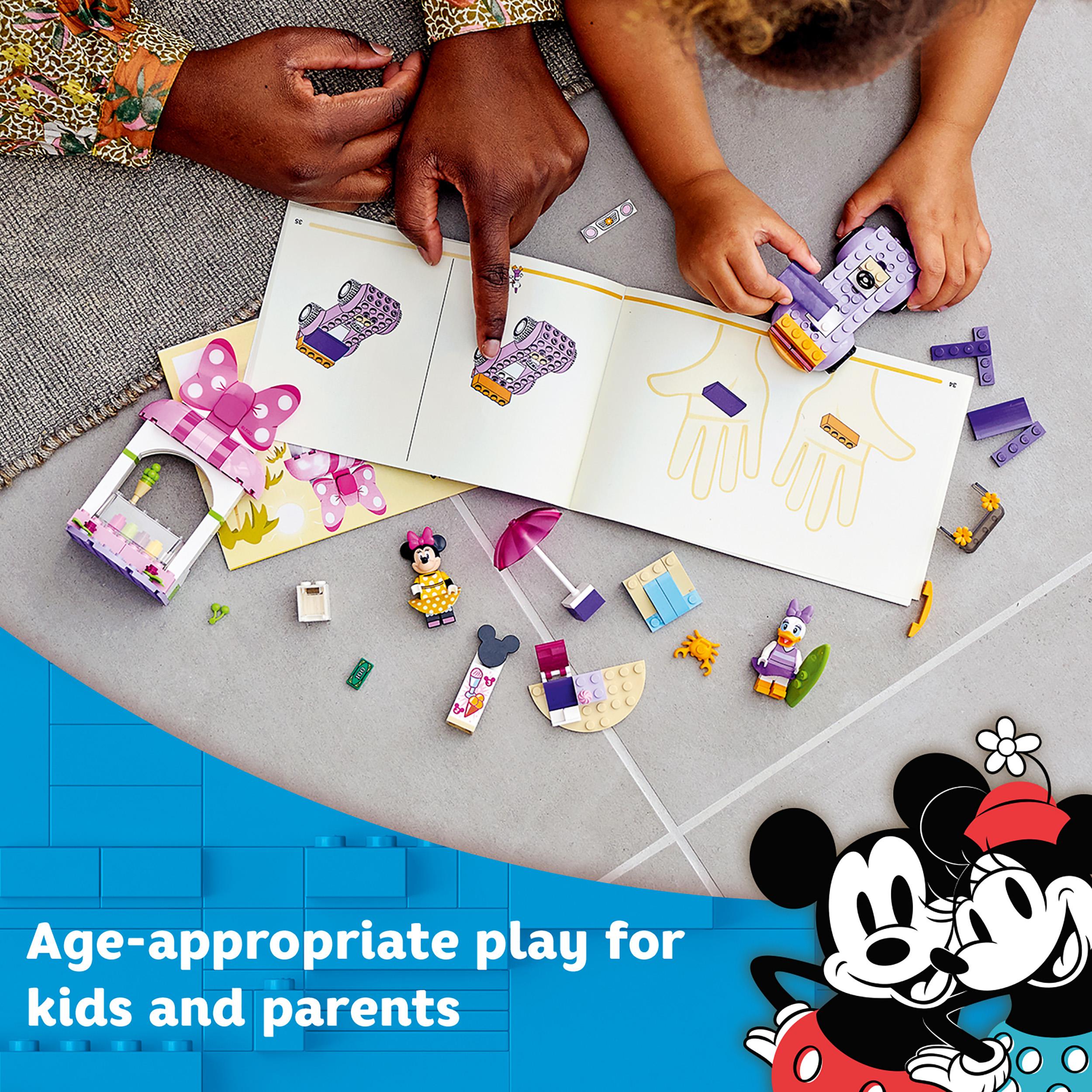 Children building LEGO® Disney Mickey Mouse Minnie Ice Cream Shop set, promoting creative play and bonding.