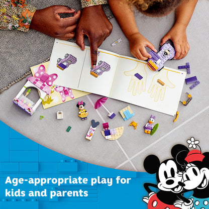 Children building LEGO® Disney Mickey Mouse Minnie Ice Cream Shop set, promoting creative play and bonding.