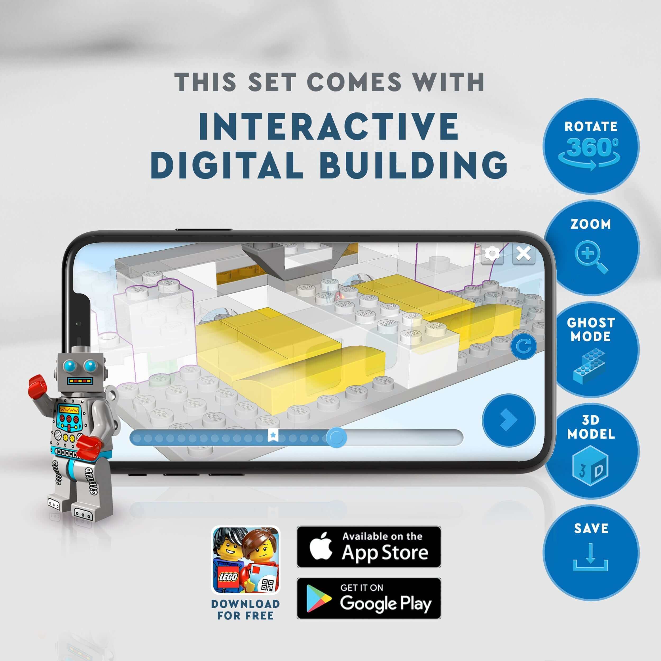 Interactive digital building features for LEGO® set with a smartphone displaying 3D model and robot figure.
