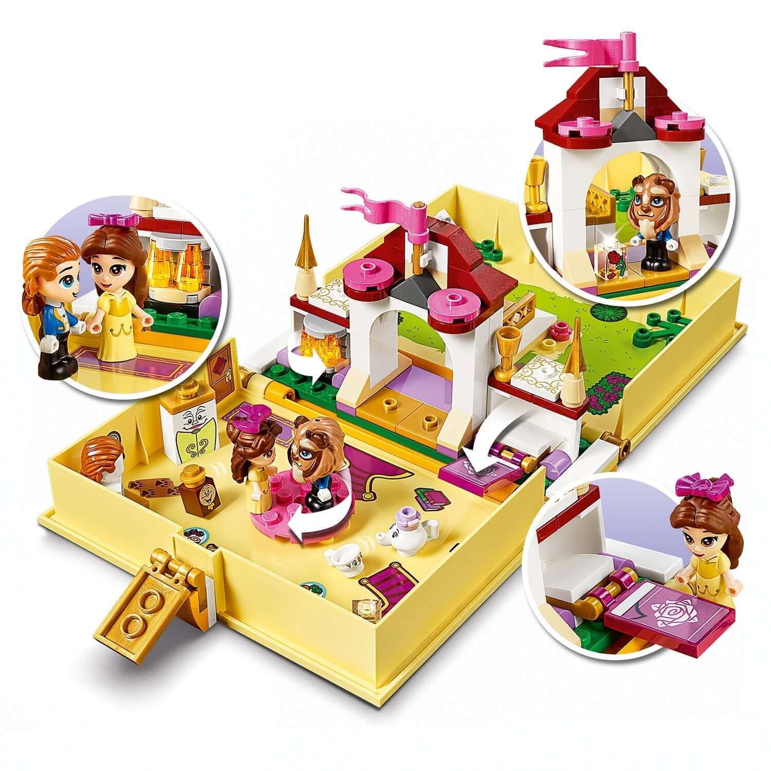 LEGO Disney Princess Belle's Storybook Set 43177 featuring Belle and Beast micro-dolls in a castle setting.
