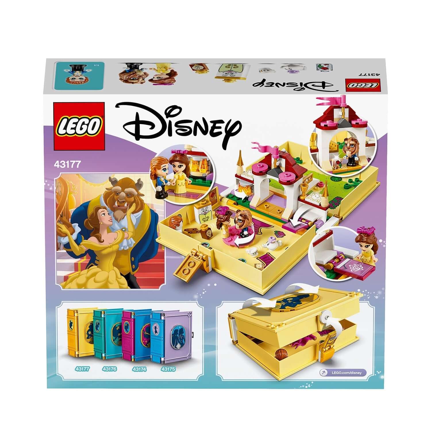 LEGO Disney Princess Belle's Storybook Set 43177 with Belle and Beast micro-dolls in a magical castle scene.