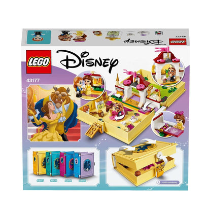LEGO Disney Princess Belle's Storybook Set 43177 with Belle and Beast micro-dolls in a magical castle scene.