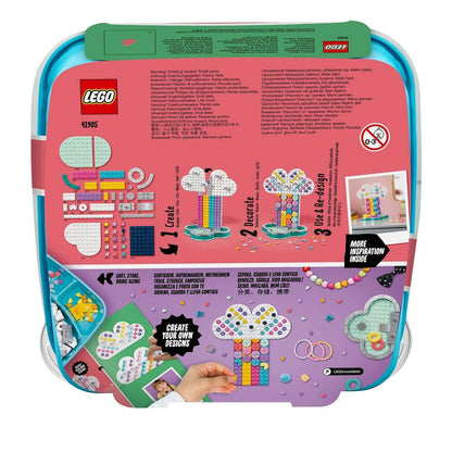 Back of LEGO DOTS Rainbow Jewellery Stand Set 41905 showing design steps and creative ideas for kids.