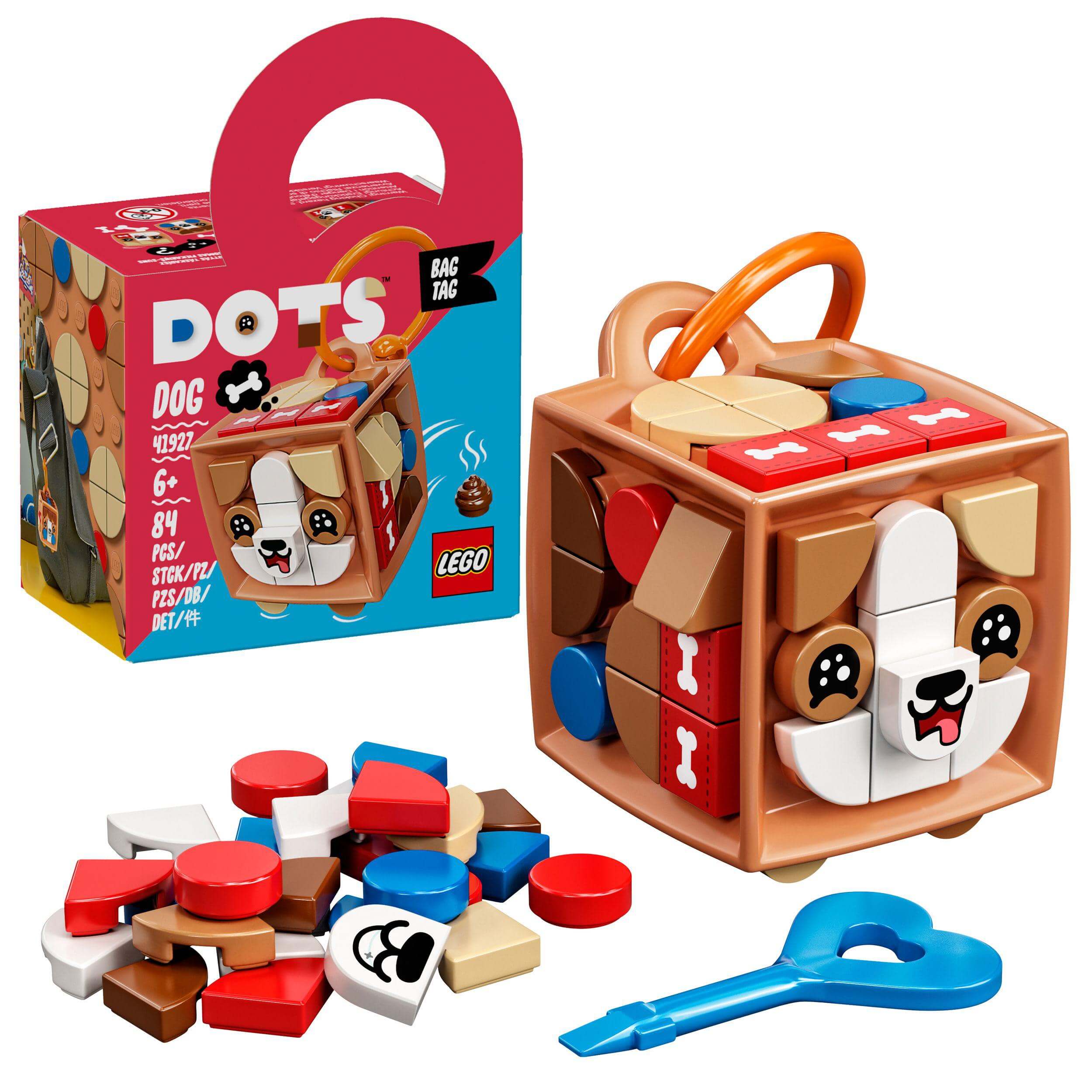 LEGO DOTS Bag Tag Dog Craft Set 41927 with puppy cube, colorful tiles, and tile remover for creative kids.