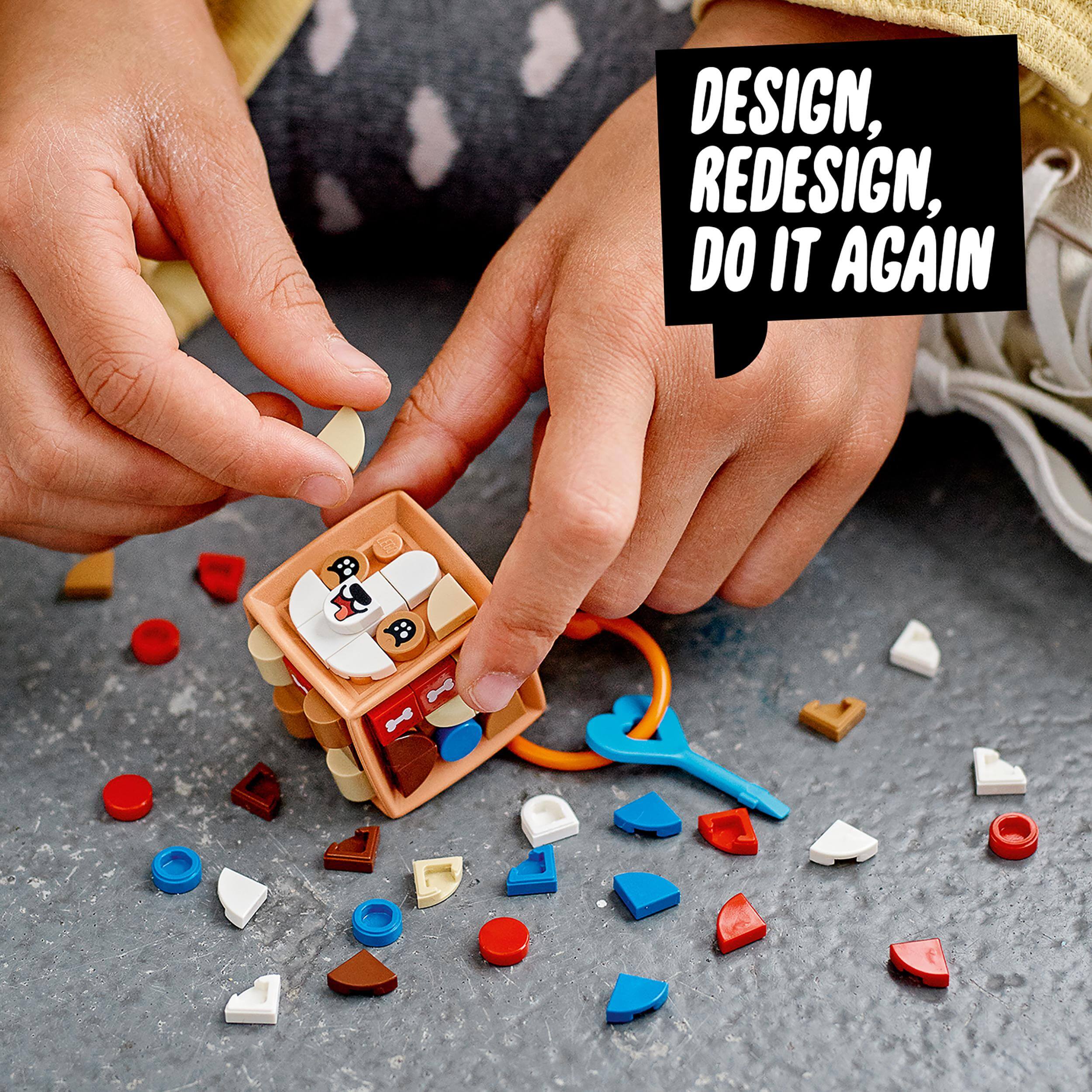 Child assembling LEGO® DOTS dog tag craft set with colorful tiles and accessories, promoting creativity and hands-on fun.