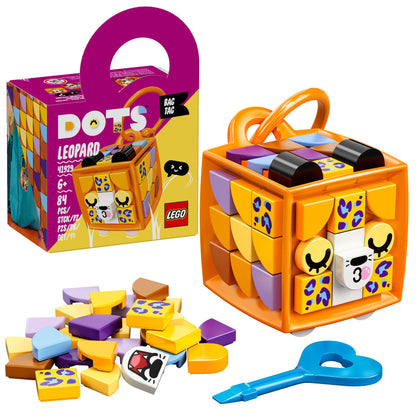 LEGO DOTS Bag Tag Leopard Crafts Set 41929 for kids, featuring colorful tiles and a tile remover for creative fun.