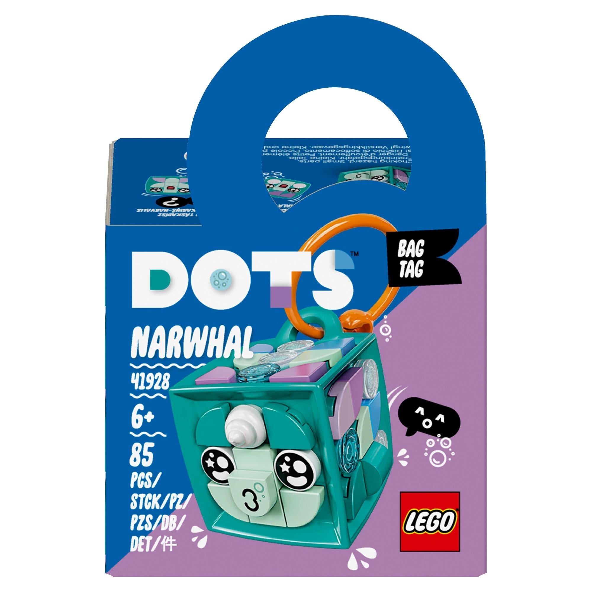 LEGO DOTS Bag Tag Narwhal Craft Set 41928 for kids, featuring customizable cubes and accessories. Great for creative fun!