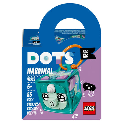 LEGO DOTS Bag Tag Narwhal Craft Set 41928 for kids, featuring customizable cubes and accessories. Great for creative fun!