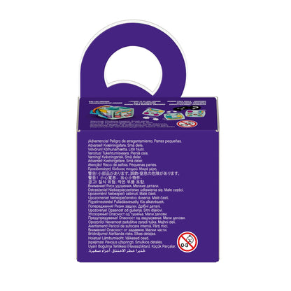 Back view of LEGO® DOTS Bag Tag Unicorn Arts & Crafts Set 41940 packaging with safety warnings and multilingual instructions.