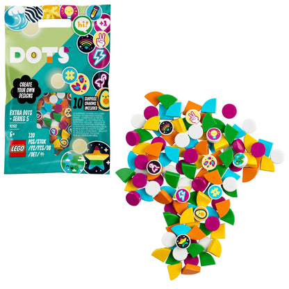 LEGO DOTS Extra DOTS Series 5 set with colorful tiles for creative crafting and design, featuring glow-in-the-dark options.