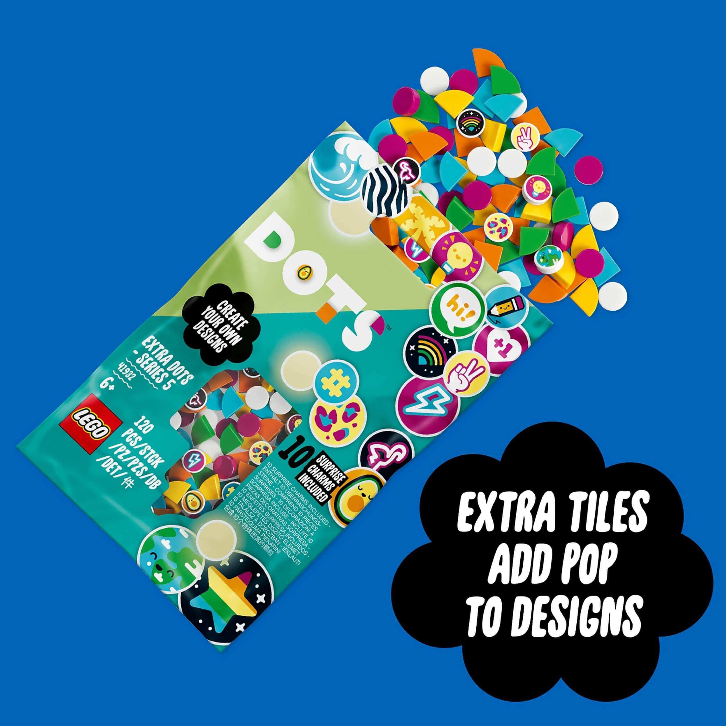 LEGO® DOTS Extra DOTS Series 5 bag with colorful tiles, glow-in-the-dark options, perfect for young crafters to design creatively.