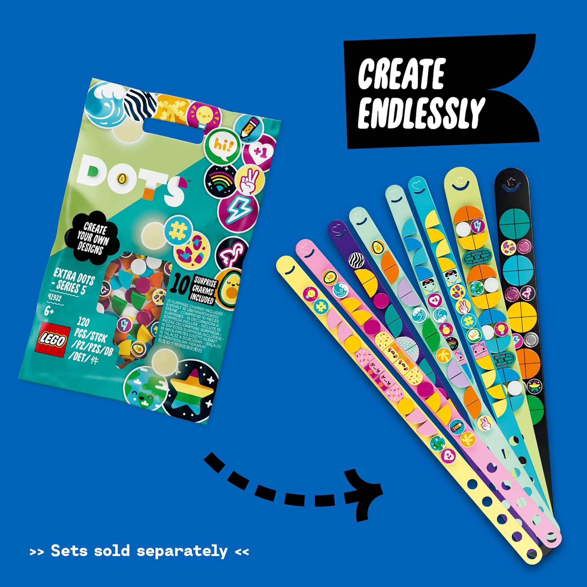 LEGO® DOTS Extra DOTS – Series 5 Tiles Set 41932 with colorful tiles and decorated bracelets, perfect for creative fun.