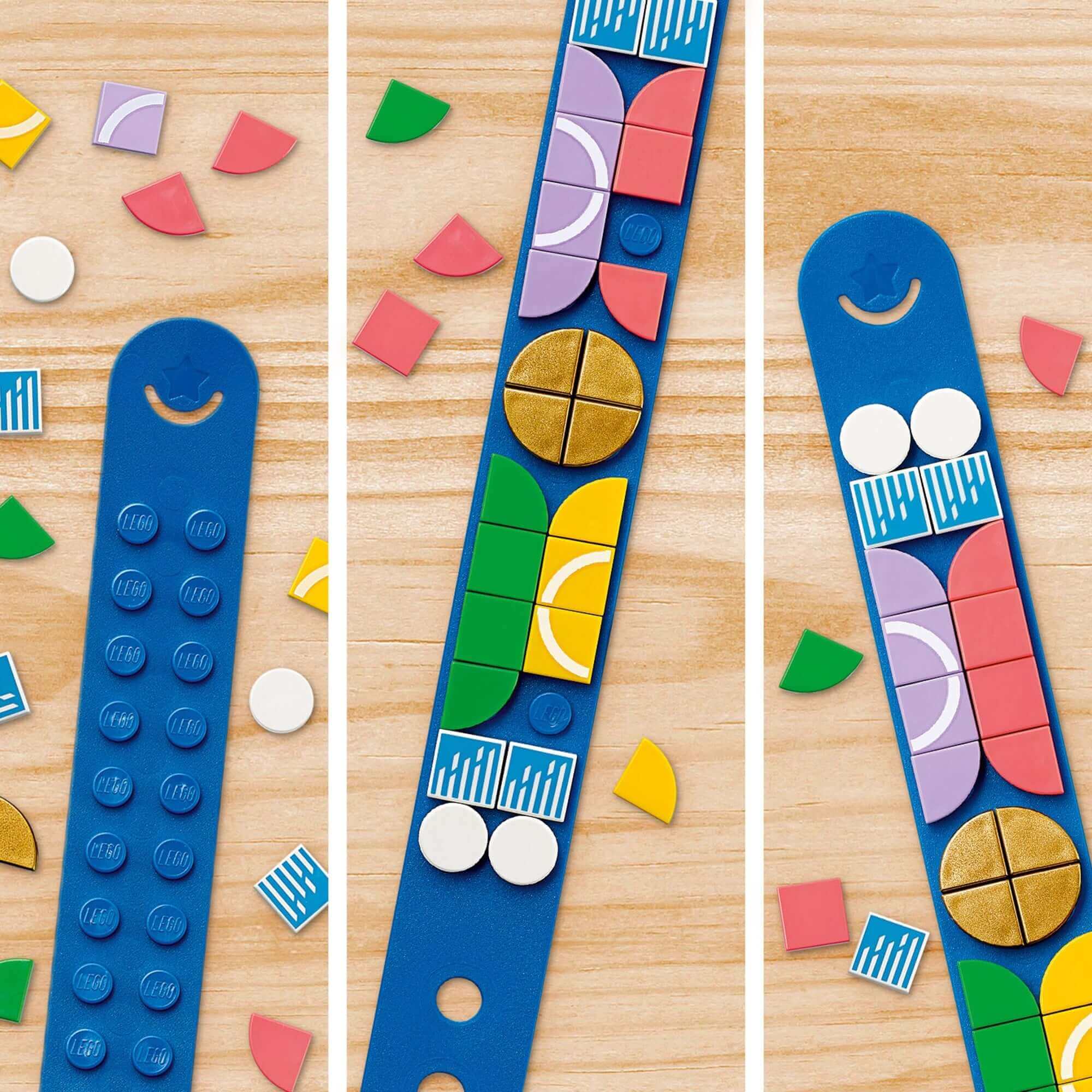 Colorful DOTS Go Team! bracelet DIY set by LEGO® featuring creative sports-themed decorations.