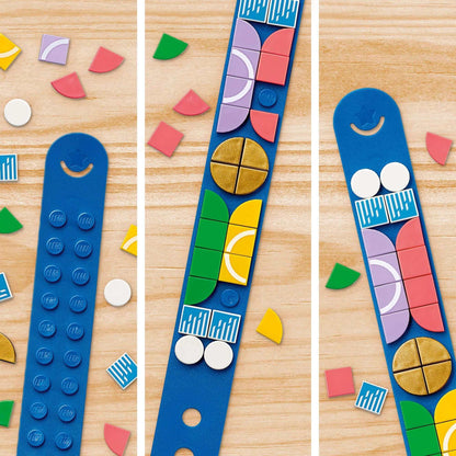 Colorful DOTS Go Team! bracelet DIY set by LEGO® featuring creative sports-themed decorations.