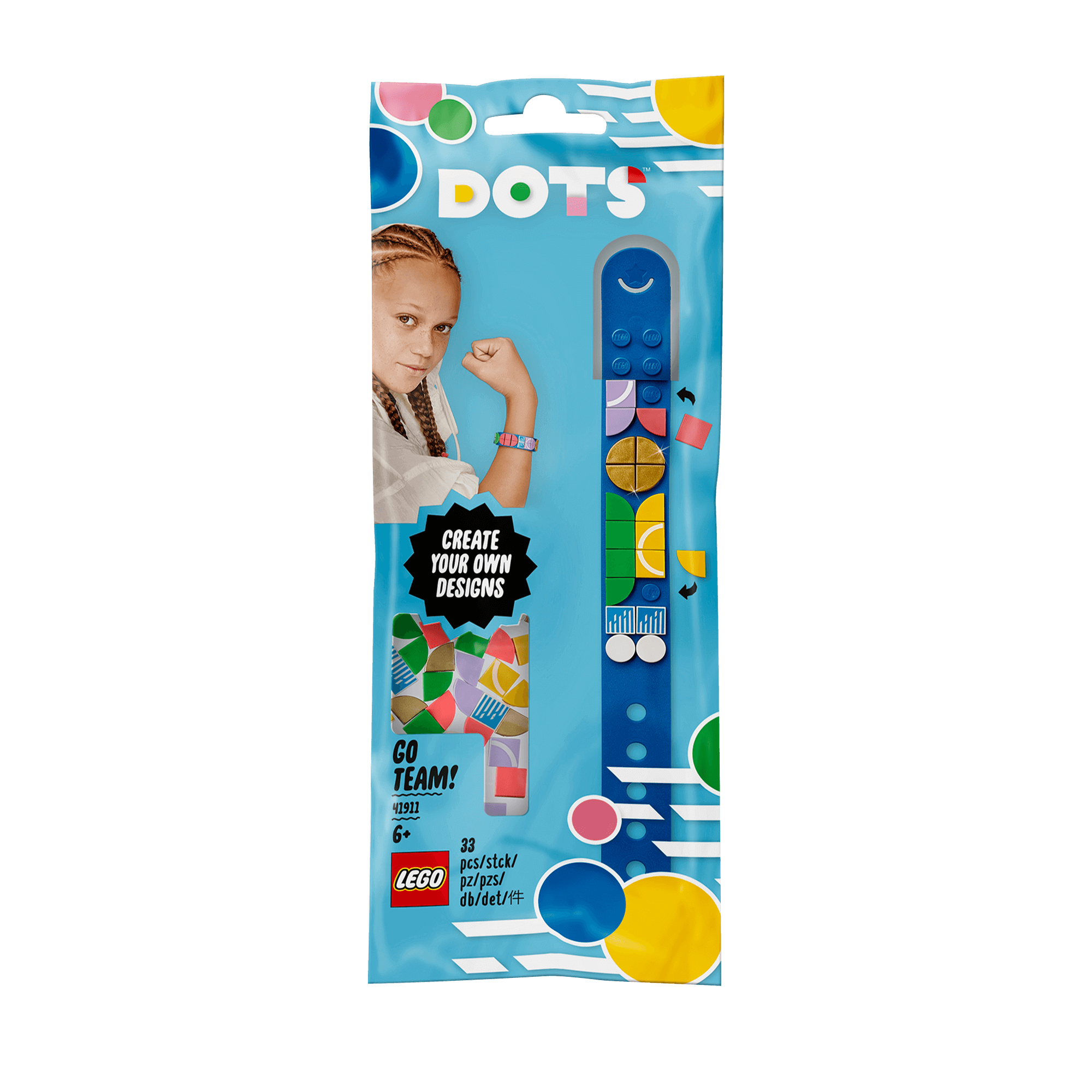 LEGO DOTS Go Team! Bracelet DIY Set for kids featuring colorful design elements and a smiling child modeling the bracelet.