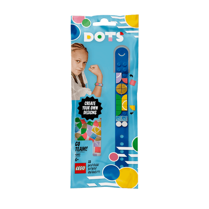 LEGO DOTS Go Team! Bracelet DIY Set for kids featuring colorful design elements and a smiling child modeling the bracelet.