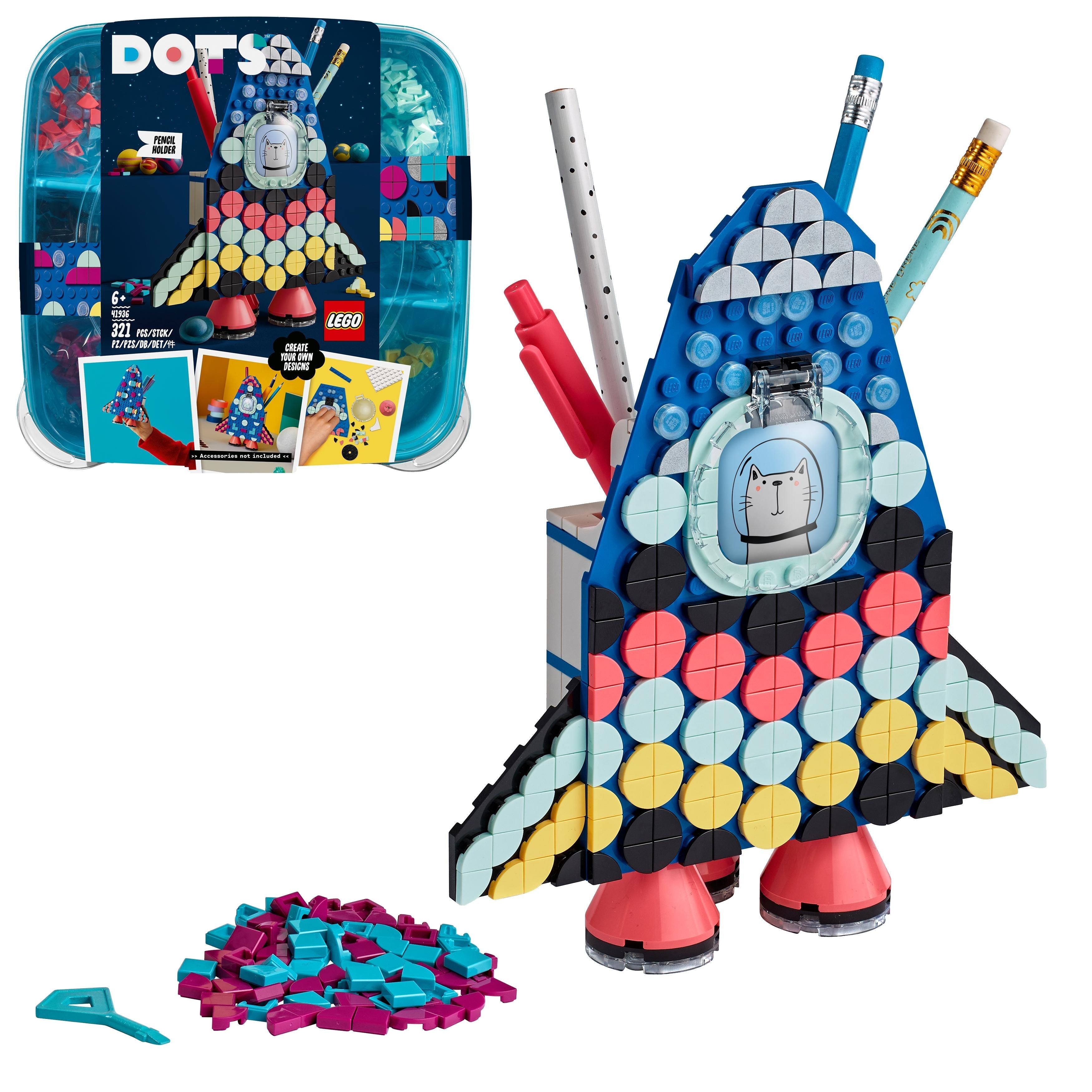 LEGO® DOTS Pencil Holder Craft Set 41936, vibrant rocket design with display/storage and colorful tiles for kids.