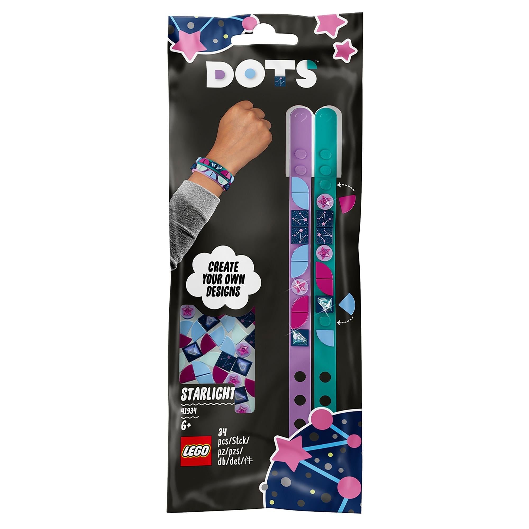 LEGO DOTS Starlight Bracelets Making Set 41934 with teal and purple bracelets and colorful tiles for creative fun.