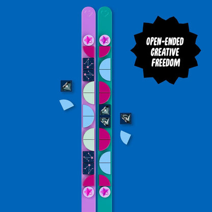 LEGO DOTS Starlight Bracelet making set with teal and purple bracelets, colorful tiles on vibrant background.