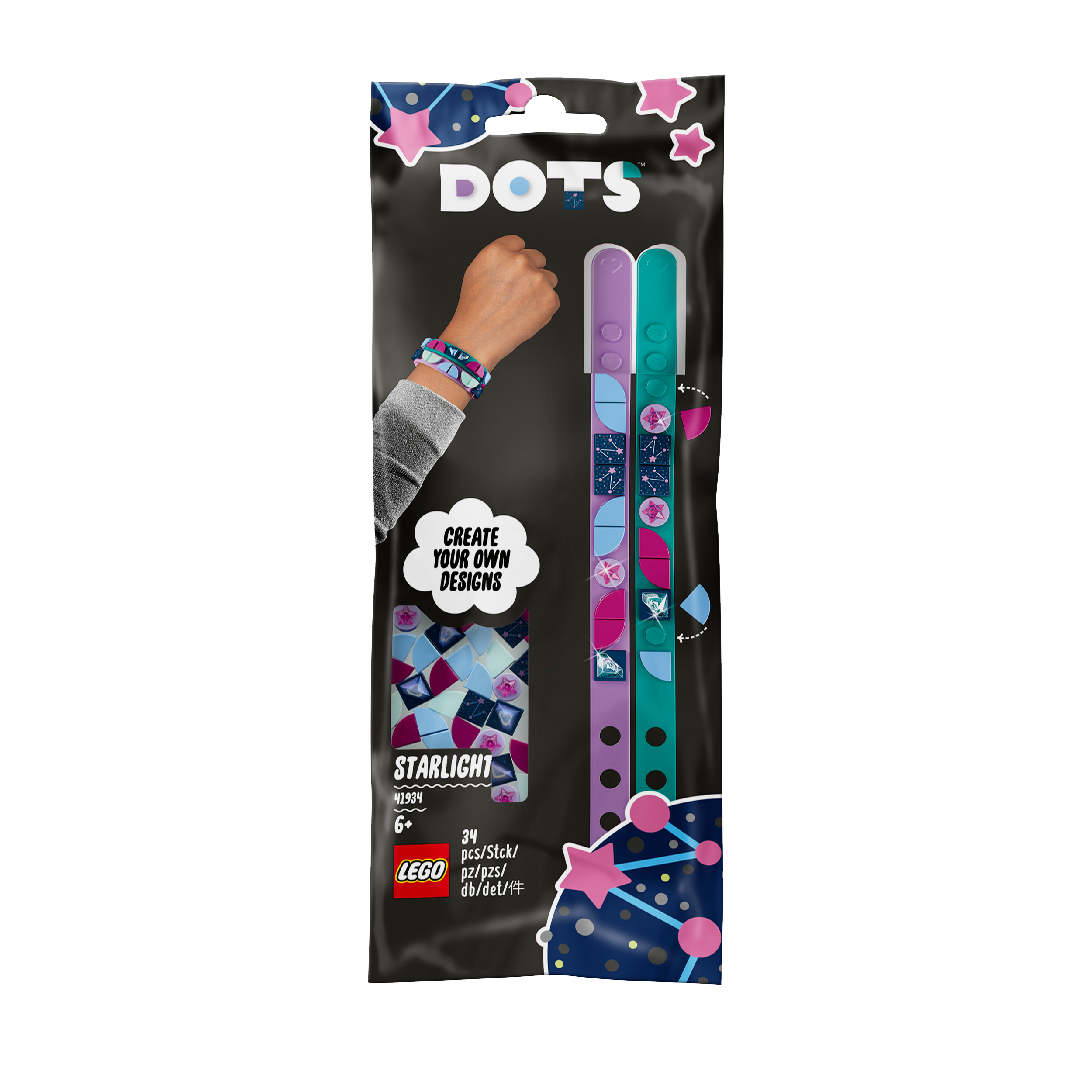 LEGO DOTS Starlight Bracelets Set 41934, featuring teal and purple bracelets with colorful tiles for creative design.