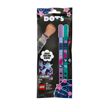 LEGO DOTS Starlight Bracelets Set 41934, featuring teal and purple bracelets with colorful tiles for creative design.