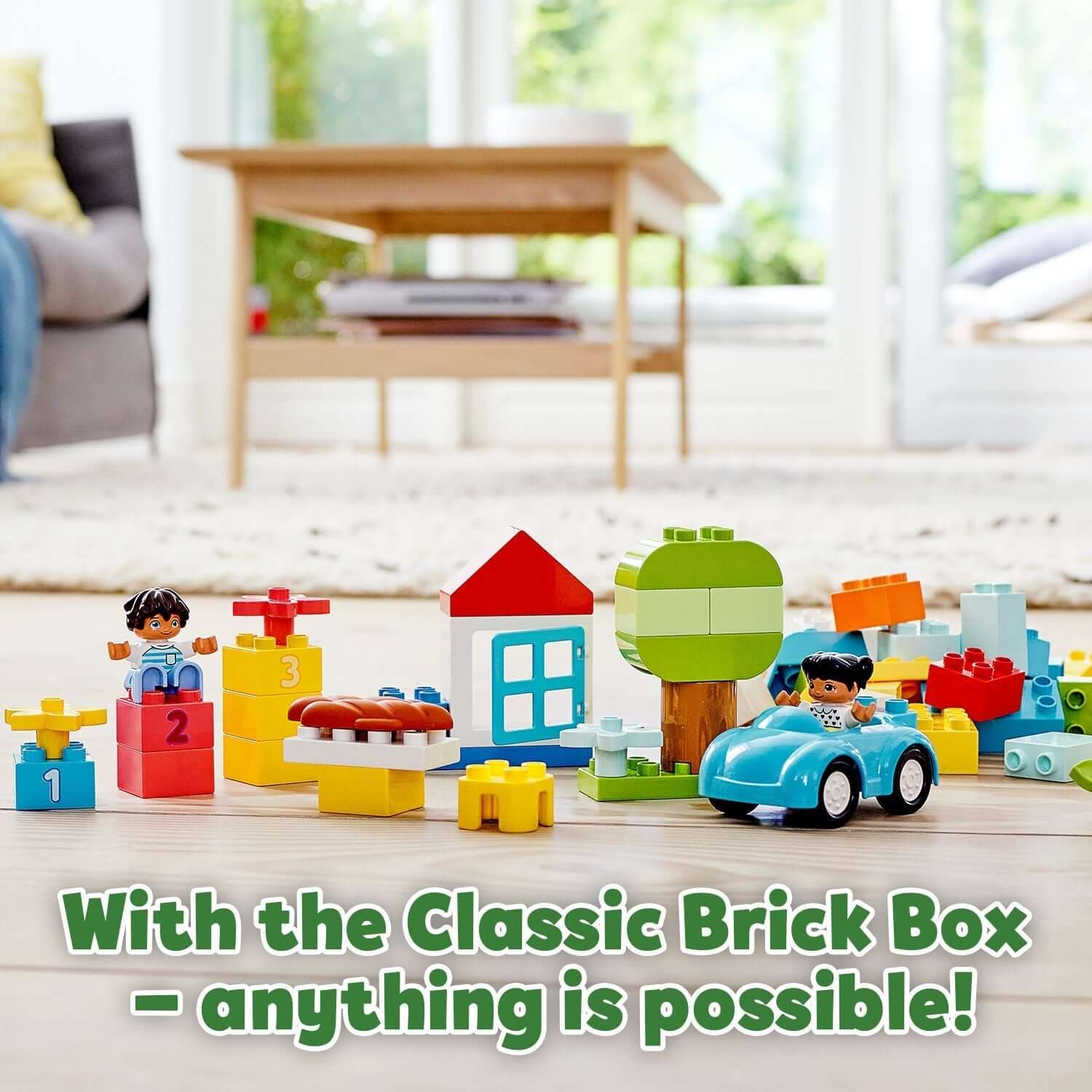 Creative play with LEGO® DUPLO Classic Brick Box set, featuring colorful bricks, figures, and imaginative scenes.