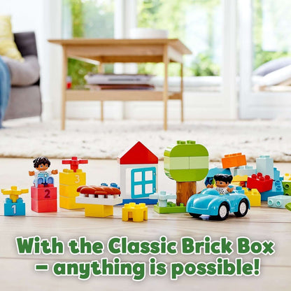 Creative play with LEGO® DUPLO Classic Brick Box set, featuring colorful bricks, figures, and imaginative scenes.