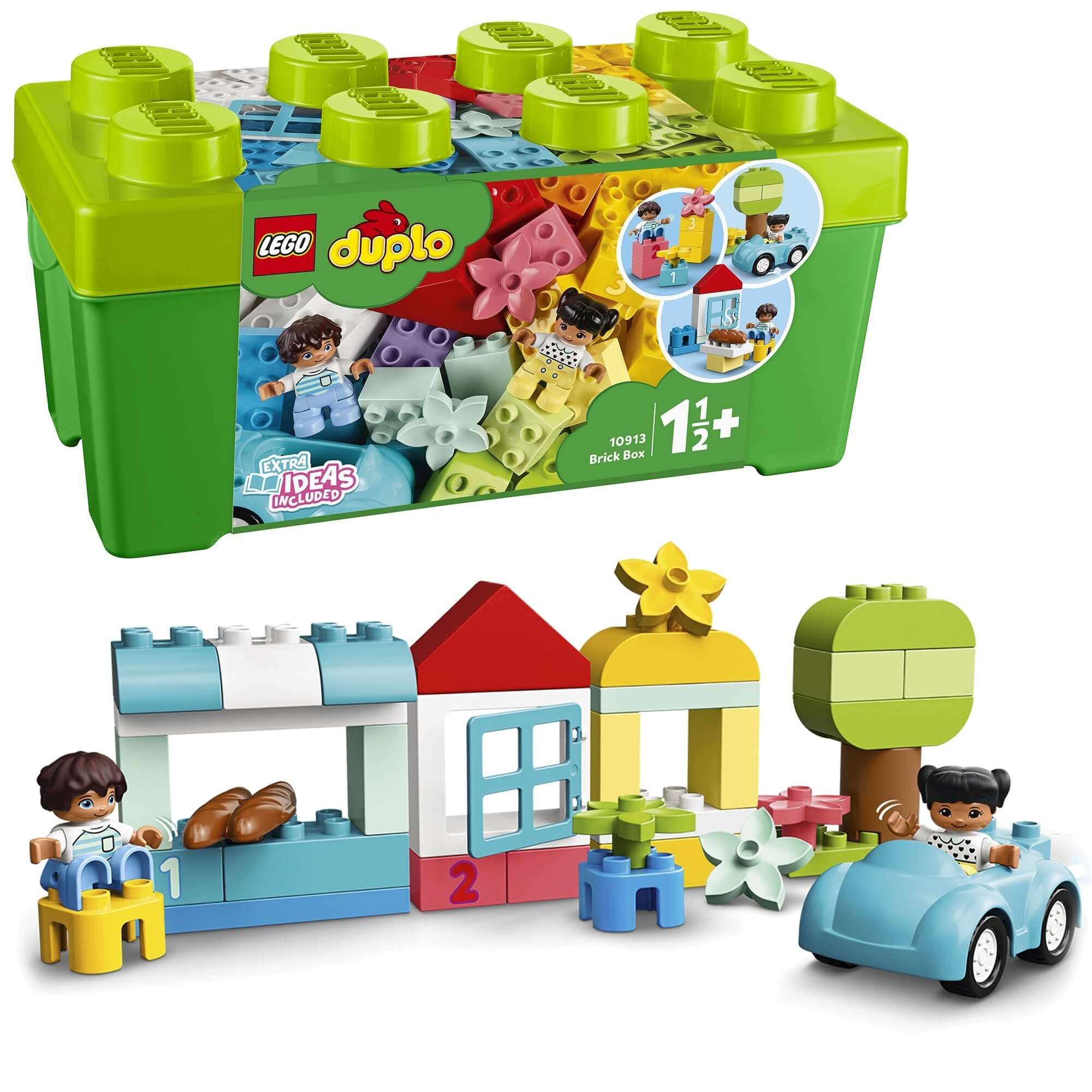 LEGO® DUPLO Classic Brick Box Set 10913 with colorful bricks and children building creative structures.