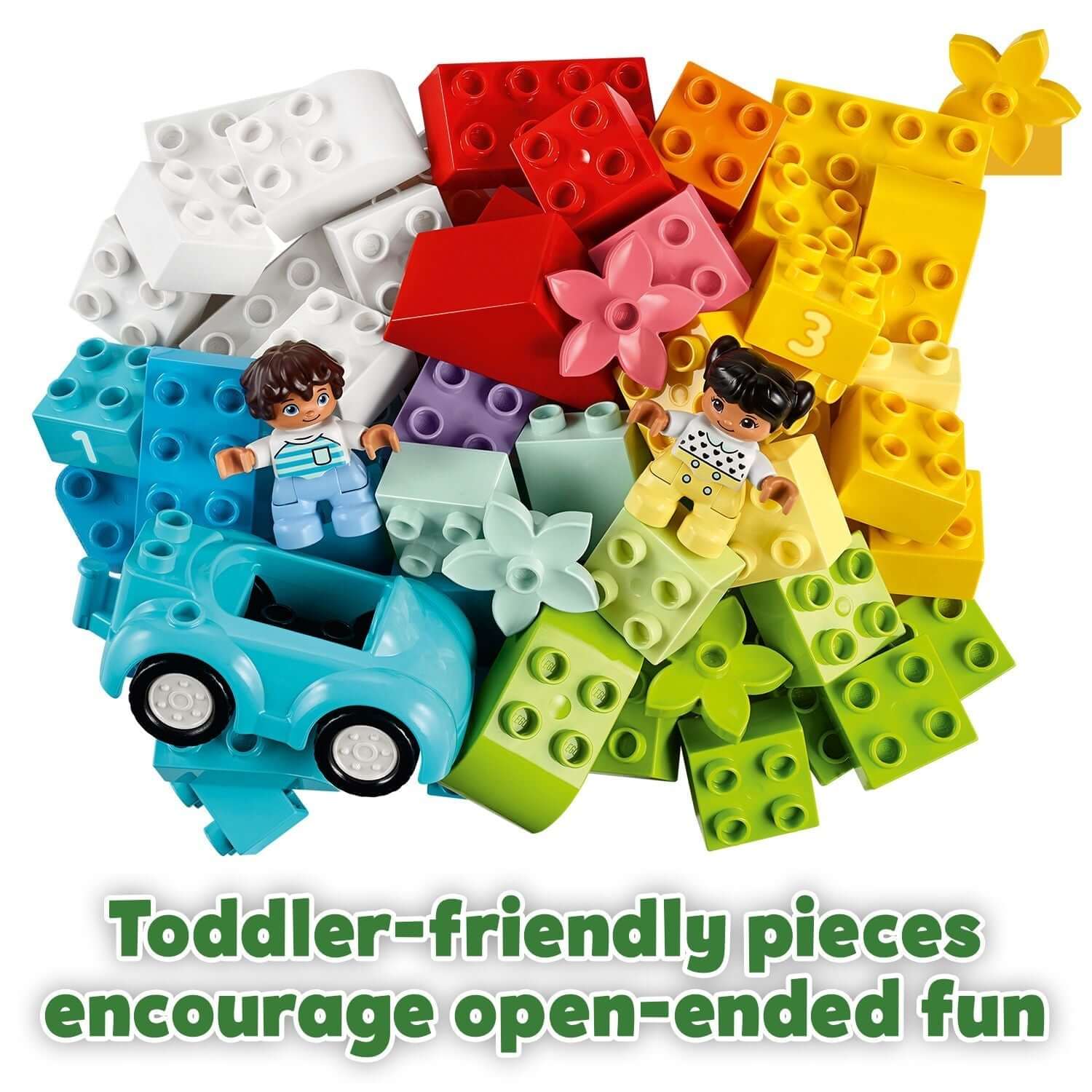 Colorful LEGO® DUPLO bricks and figures promoting creative play, perfect for toddlers and easy clean-up with storage box.