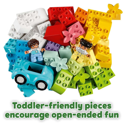 Colorful LEGO® DUPLO bricks and figures promoting creative play, perfect for toddlers and easy clean-up with storage box.
