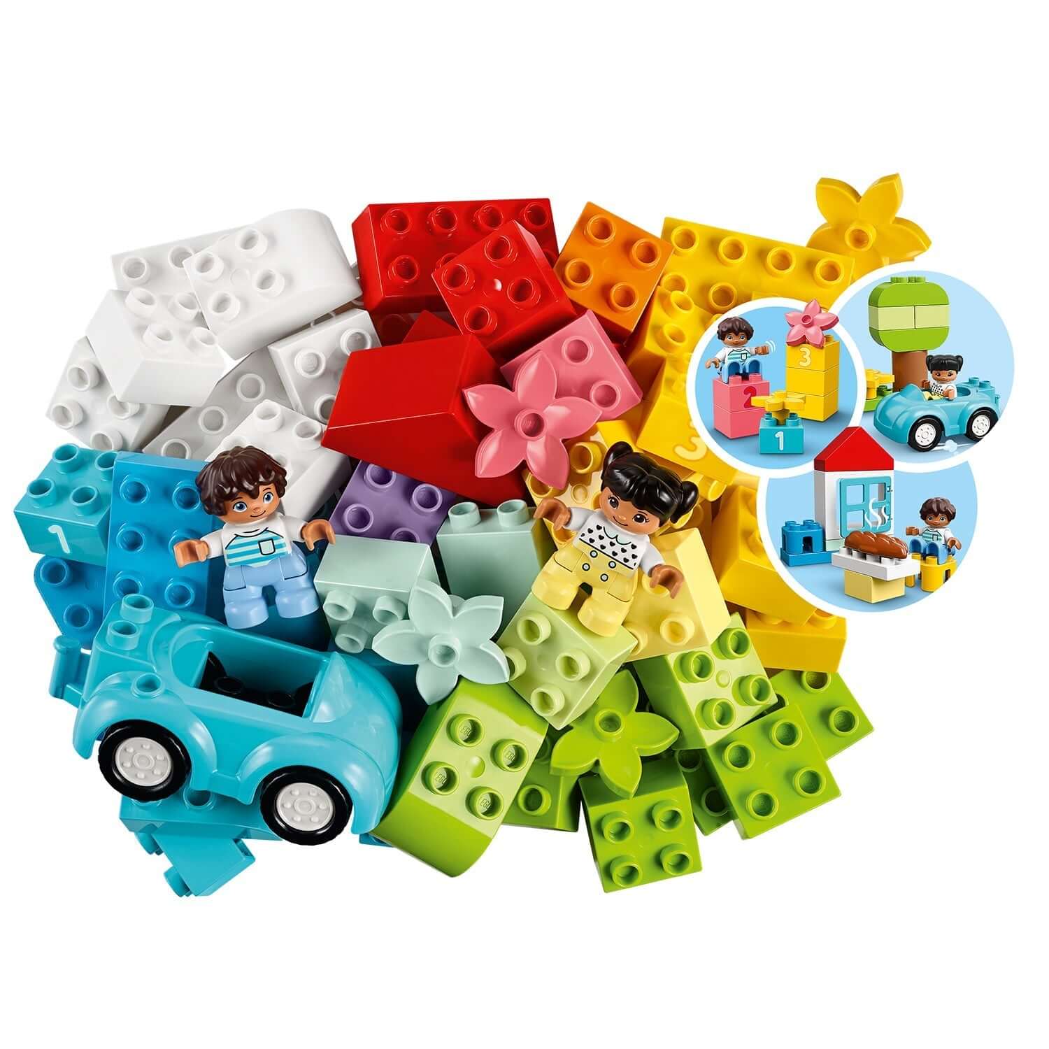 Colorful LEGO® DUPLO Classic Brick Box Set 10913 with building blocks and two toddler figures for creative play.
