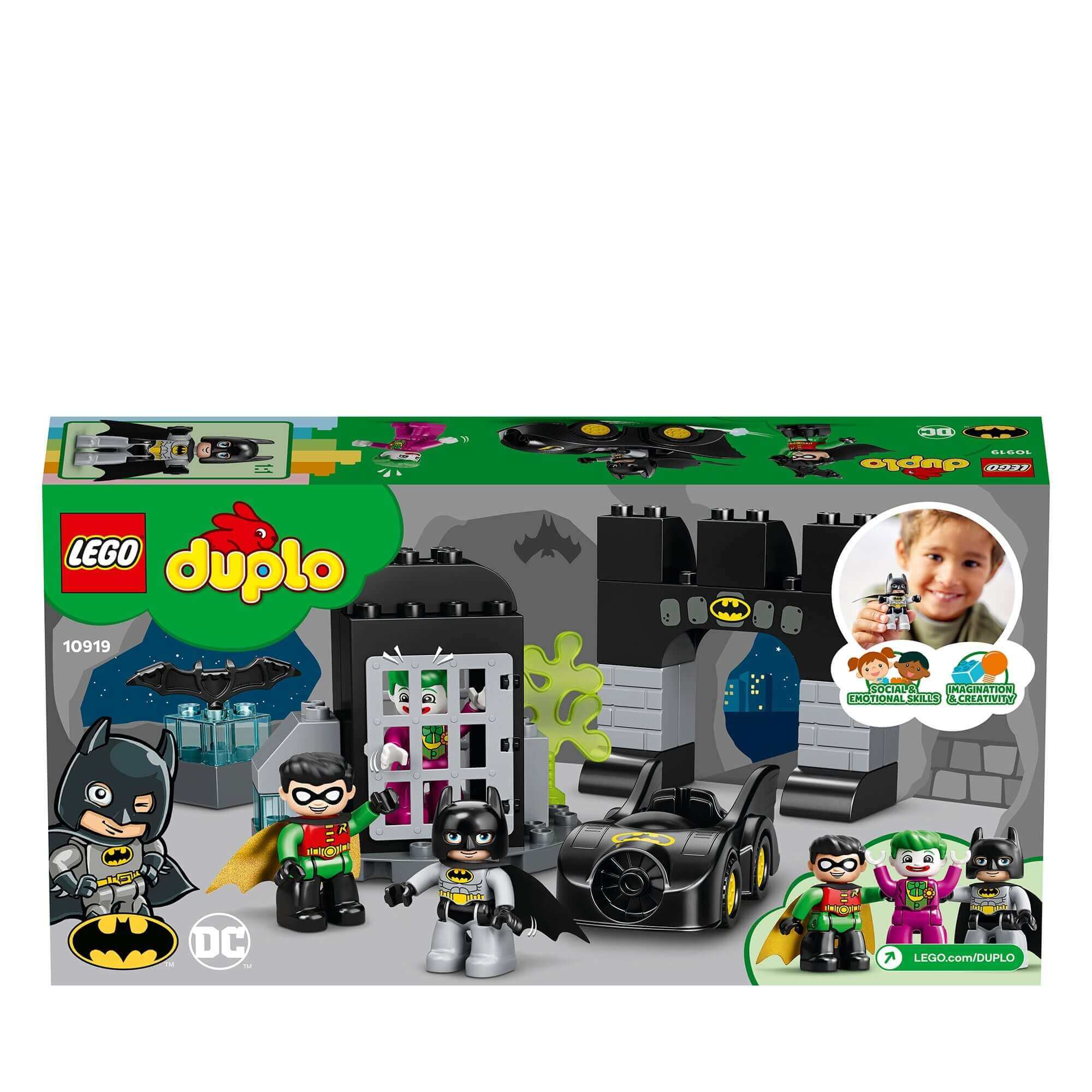 LEGO® DUPLO DC Super Heroes Batman Batcave Toy 10919 with Batman, Robin, and THE JOKER in an action-packed playset.