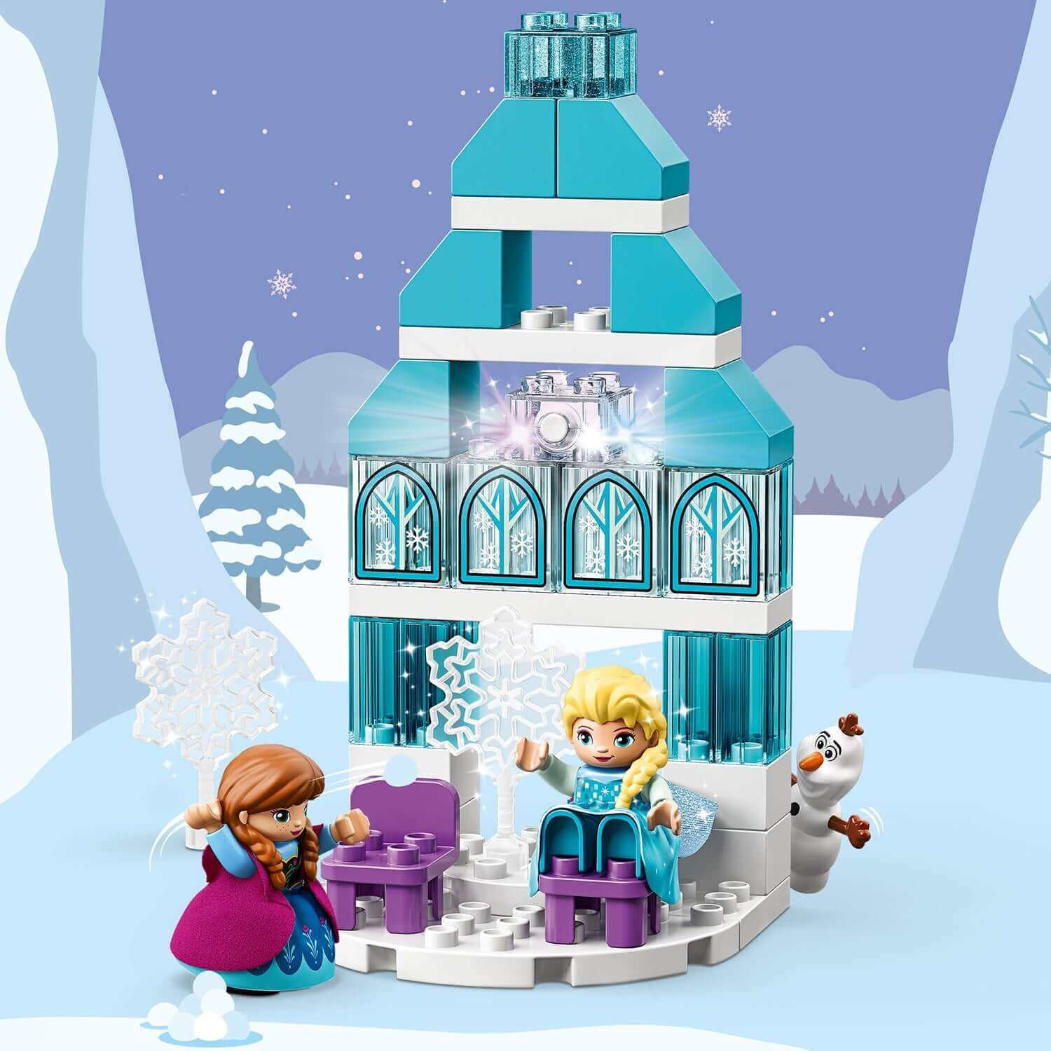 LEGO DUPLO Disney Frozen Ice Castle Set 10899 with Elsa, Anna, and Olaf in a snowy scene, ideal for imaginative play.