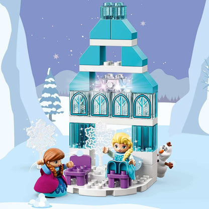 LEGO DUPLO Disney Frozen Ice Castle Set 10899 with Elsa, Anna, and Olaf in a snowy scene, ideal for imaginative play.