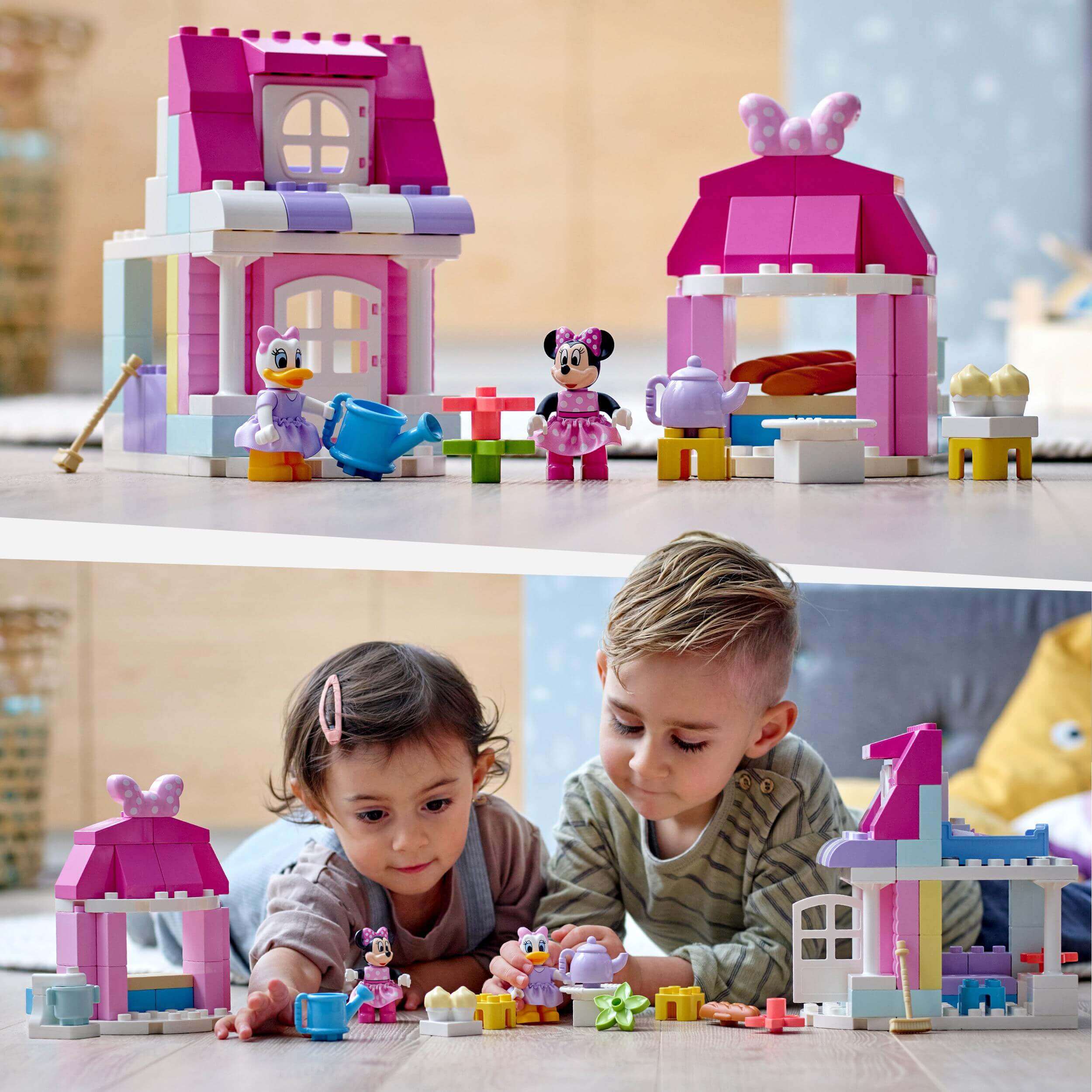 Children playing with LEGO® DUPLO Disney Minnie’s House and Café set, featuring Minnie and Donald characters.