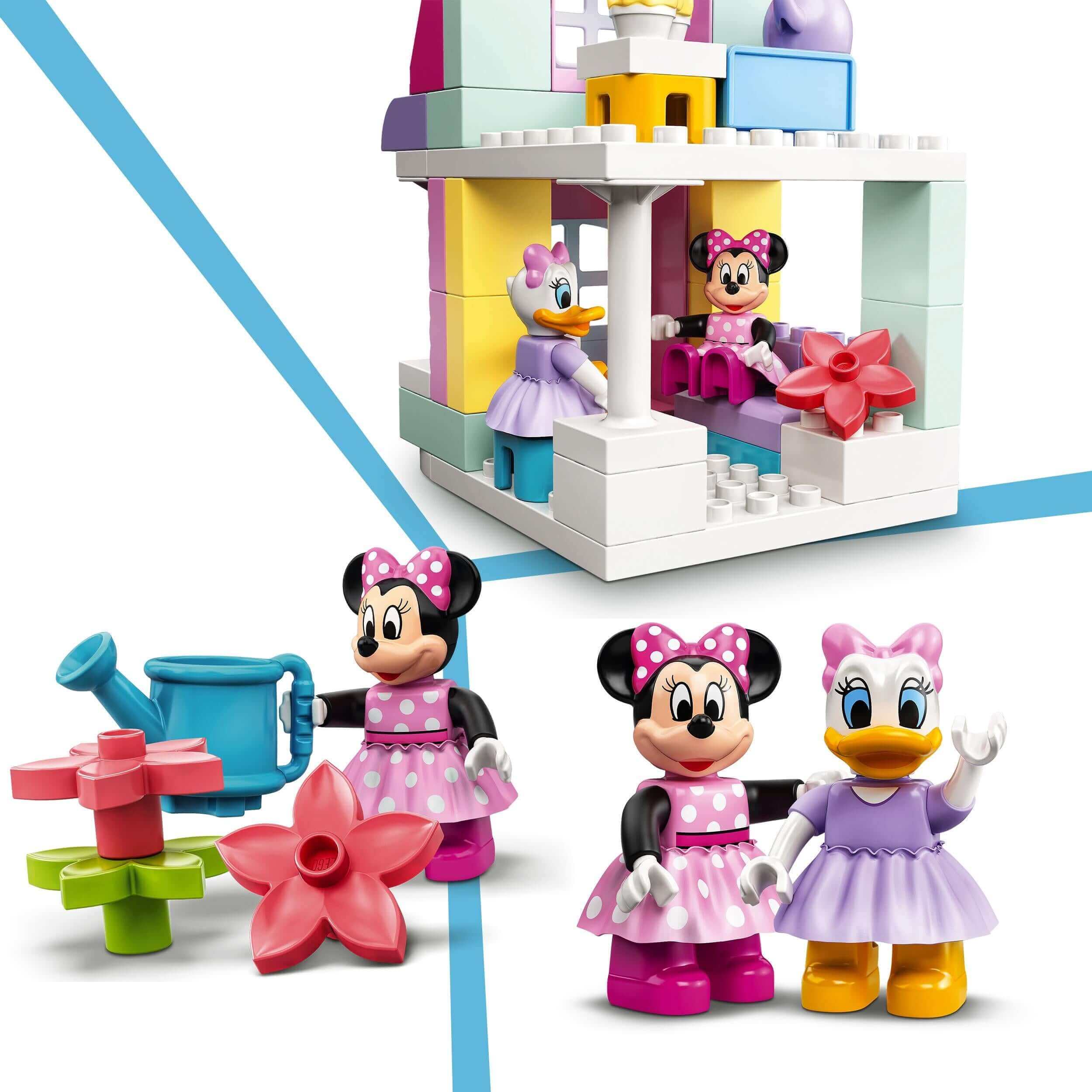 LEGO® DUPLO Disney Minnie’s House and Café set with Minnie, Daisy, and colorful accessories, perfect for imaginative play.
