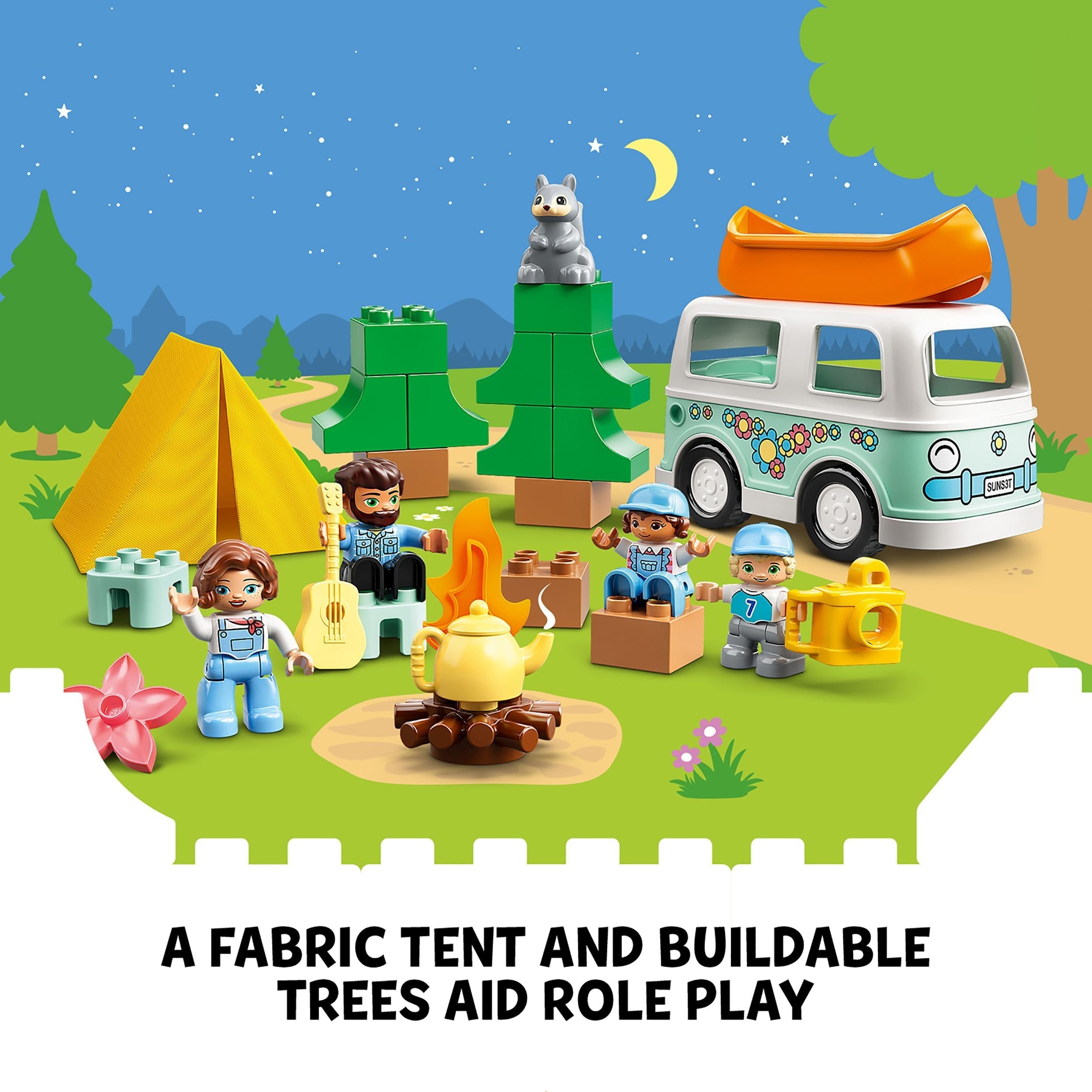 LEGO DUPLO Family Camping Van Adventure set with tent, trees, campers, and campfire for imaginative play.