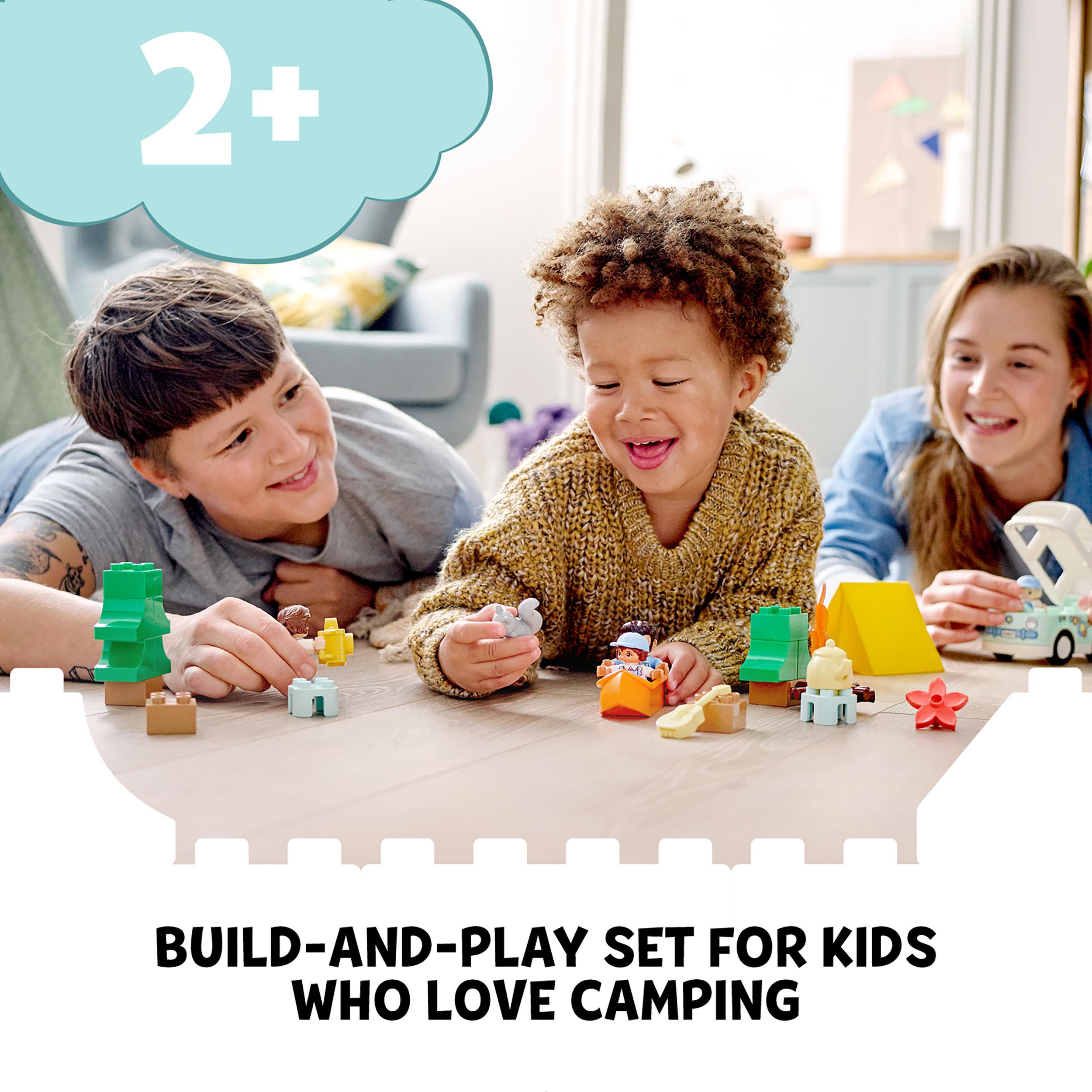 Kids engaged with LEGO® DUPLO camping playset, featuring fun learning activities for toddlers aged 2 and up.