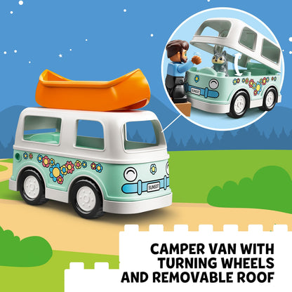 LEGO® DUPLO Family Camper Van Adventure Set with turning wheels and removable roof for imaginative play.