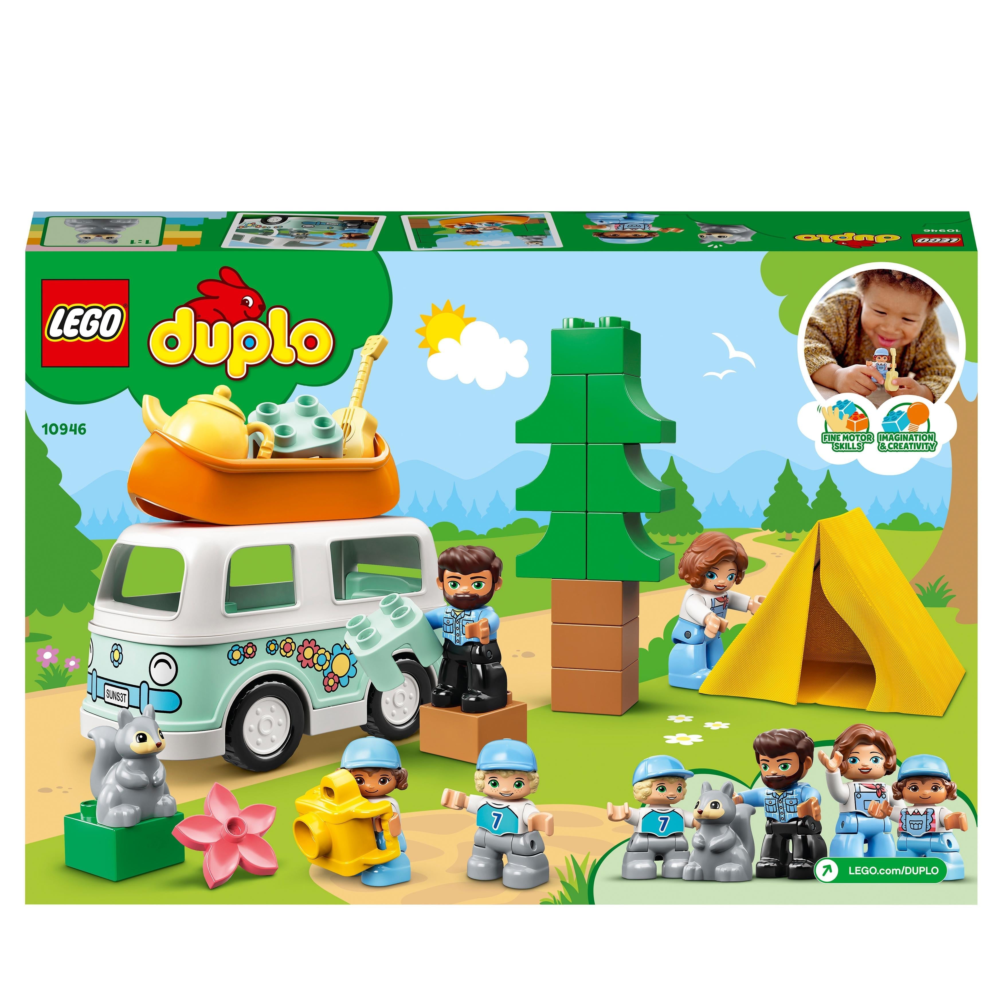 LEGO DUPLO Family Camping Van Adventure Set 10946 with figures, tree, tent, and fun camping accessories for toddlers.