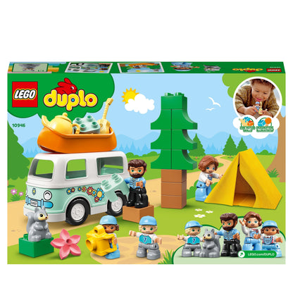 LEGO DUPLO Family Camping Van Adventure Set 10946 with figures, tree, tent, and fun camping accessories for toddlers.