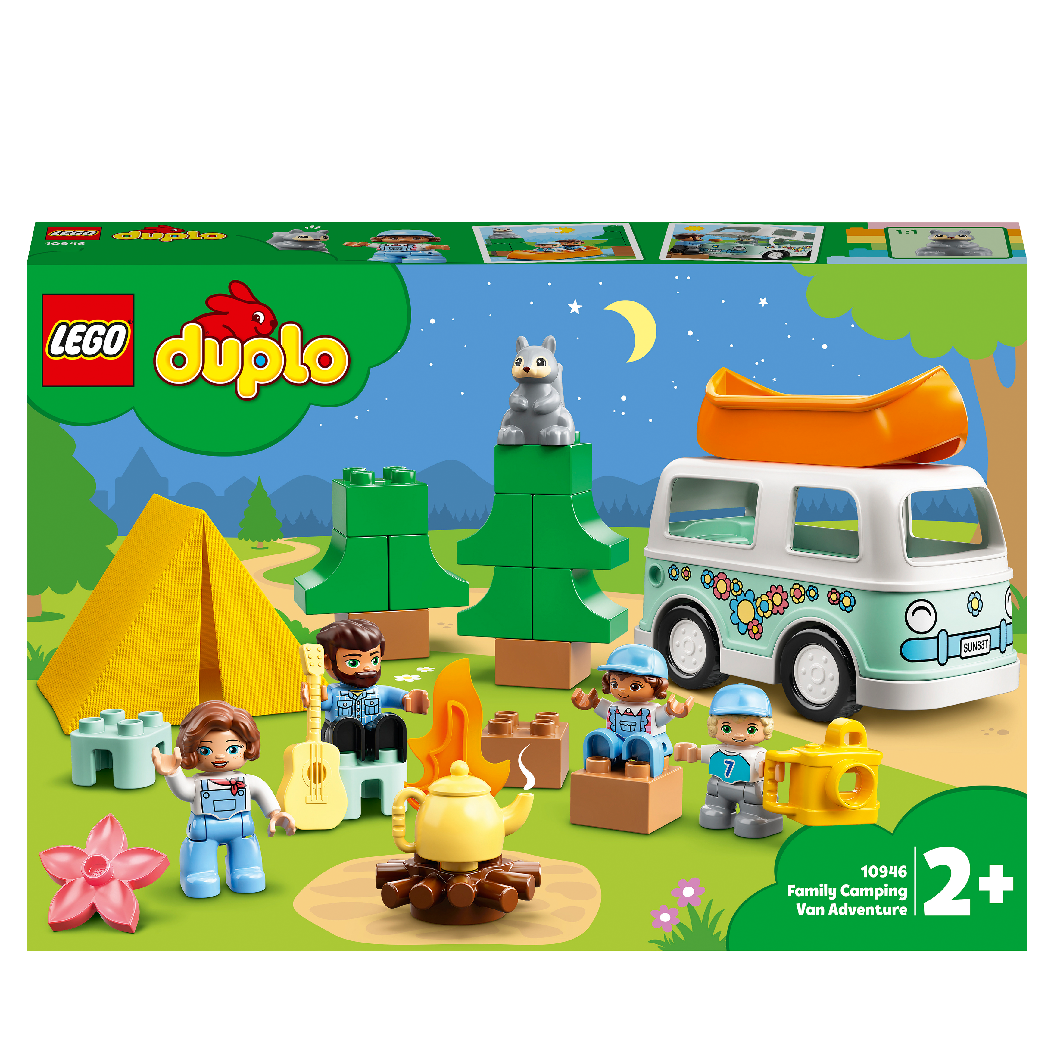 LEGO DUPLO Family Camping Van Adventure Set 10946, featuring camping scene with figures, van, trees, and campfire for toddlers.