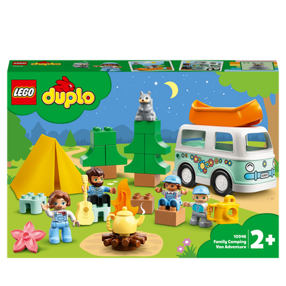 LEGO DUPLO Family Camping Van Adventure Set 10946, featuring camping scene with figures, van, trees, and campfire for toddlers.
